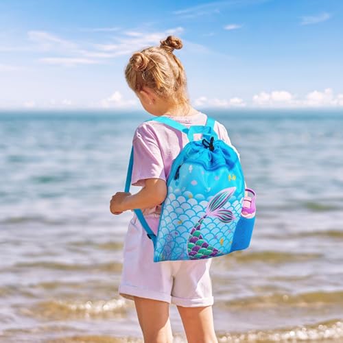 WAWSAM Mermaid Gym Drawstring Backpack - 15” × 17” Sports Gym Bag for Girls Kids Waterproof Swimming Beach Sackpack Birthday Christmas Gift with Zippered Pocket and Water Bottle Pocket