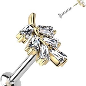 CZ Leaf Threadless Push in Top 316L Surgical Steel Labret, Convex Back Stud (16GA, L: 1/4" (6mm), Gold)