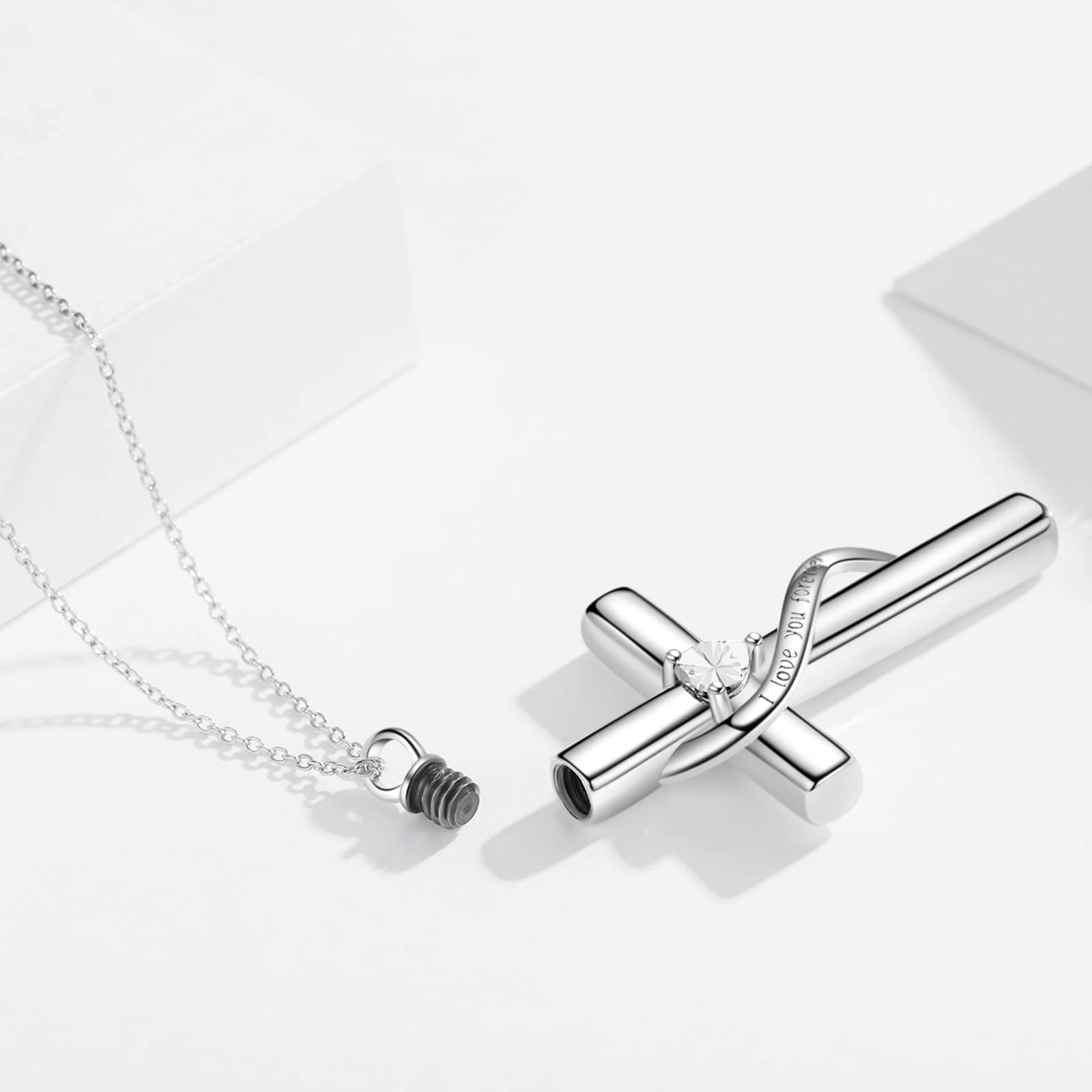 SOULMEET Crystal Cross Necklace for Ashes, Sterling Silver I Love You Forever Birthstone April Cross Urn Necklaces for Ashes Keepsake Cremation Jewelry for Pet Human Ashes