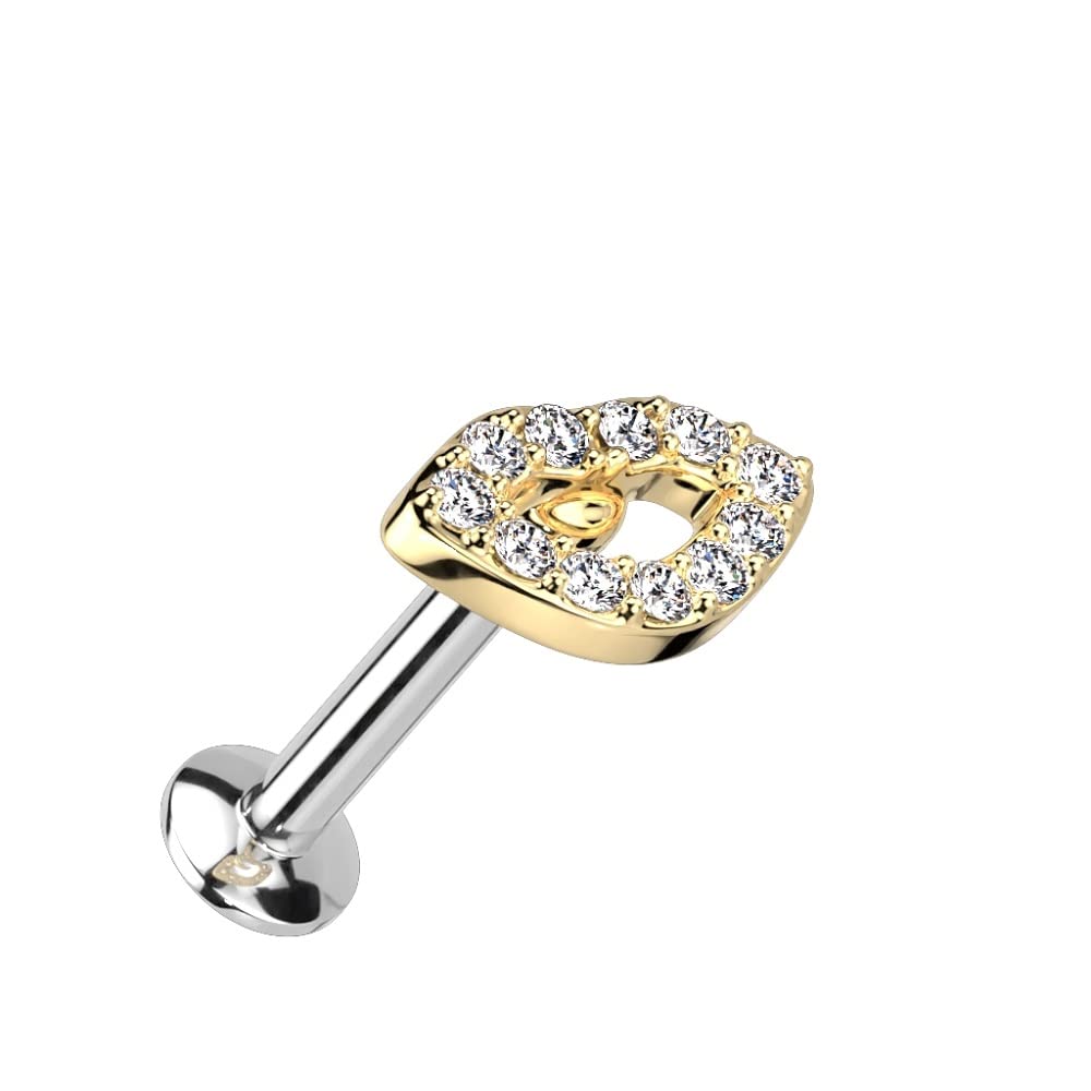 Pierced Owl 16GA 316 Stainless Steel CZ Crystal Paved Lips Threadless Push-in Stud (Gold Tone)