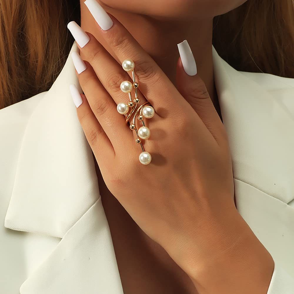 XUN Zhe Vintage Pearl Finger Rings,Statement Imitation Pearls Band Ring Wedding Party Jewelry for Women Gifts (Gold)