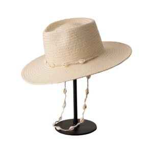 Seashells Beaded Beach Hats with Chain for Women Fashion Straw Woven Fedora Sun Summer Holidaty Panama Cap Beige, 1-2