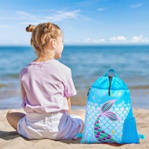 WAWSAM Mermaid Gym Drawstring Backpack - 15” × 17” Sports Gym Bag for Girls Kids Waterproof Swimming Beach Sackpack Birthday Christmas Gift with Zippered Pocket and Water Bottle Pocket