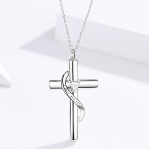 SOULMEET Crystal Cross Necklace for Ashes, Sterling Silver I Love You Forever Birthstone April Cross Urn Necklaces for Ashes Keepsake Cremation Jewelry for Pet Human Ashes