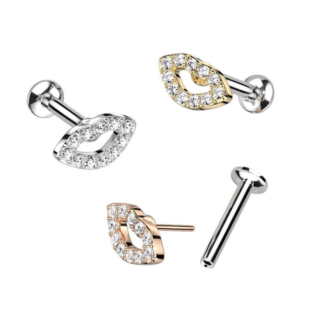 Pierced Owl 16GA 316 Stainless Steel CZ Crystal Paved Lips Threadless Push-in Stud (Gold Tone)