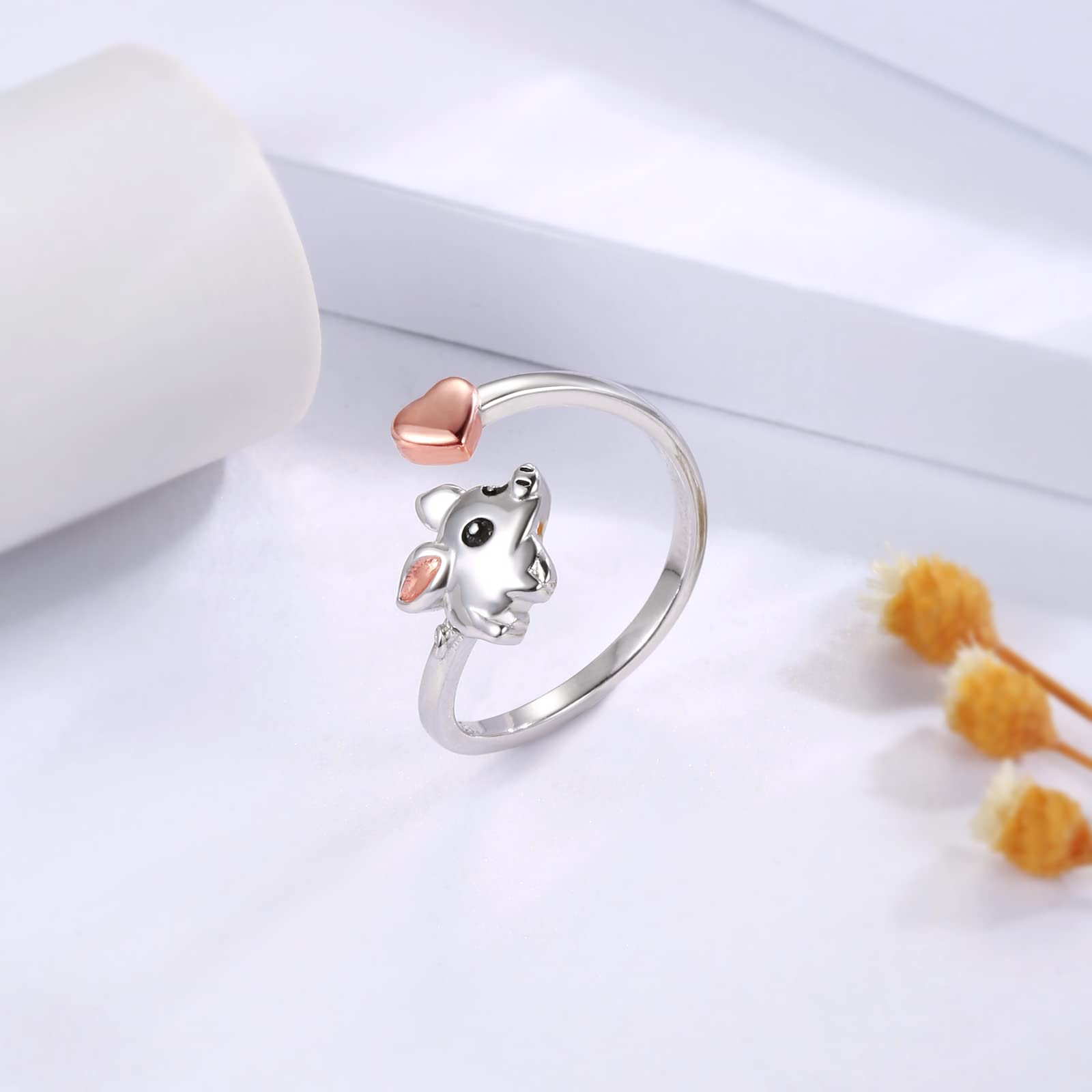 Mic Tai 925 Sterling Silver Pig Rings - Cute Heart Animal Adjustable Thumb Ring Jewelry Gift for Women