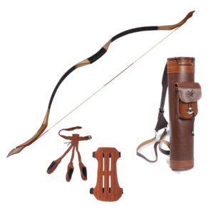 TOPARCHERY Archery 53'' Traditional Recurve Bow with Arm Guard Finger Tabs Set and Shoulder Back Quiver Bundle, 30lbs