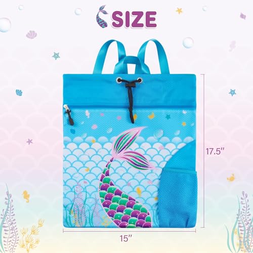 WAWSAM Mermaid Gym Drawstring Backpack - 15” × 17” Sports Gym Bag for Girls Kids Waterproof Swimming Beach Sackpack Birthday Christmas Gift with Zippered Pocket and Water Bottle Pocket