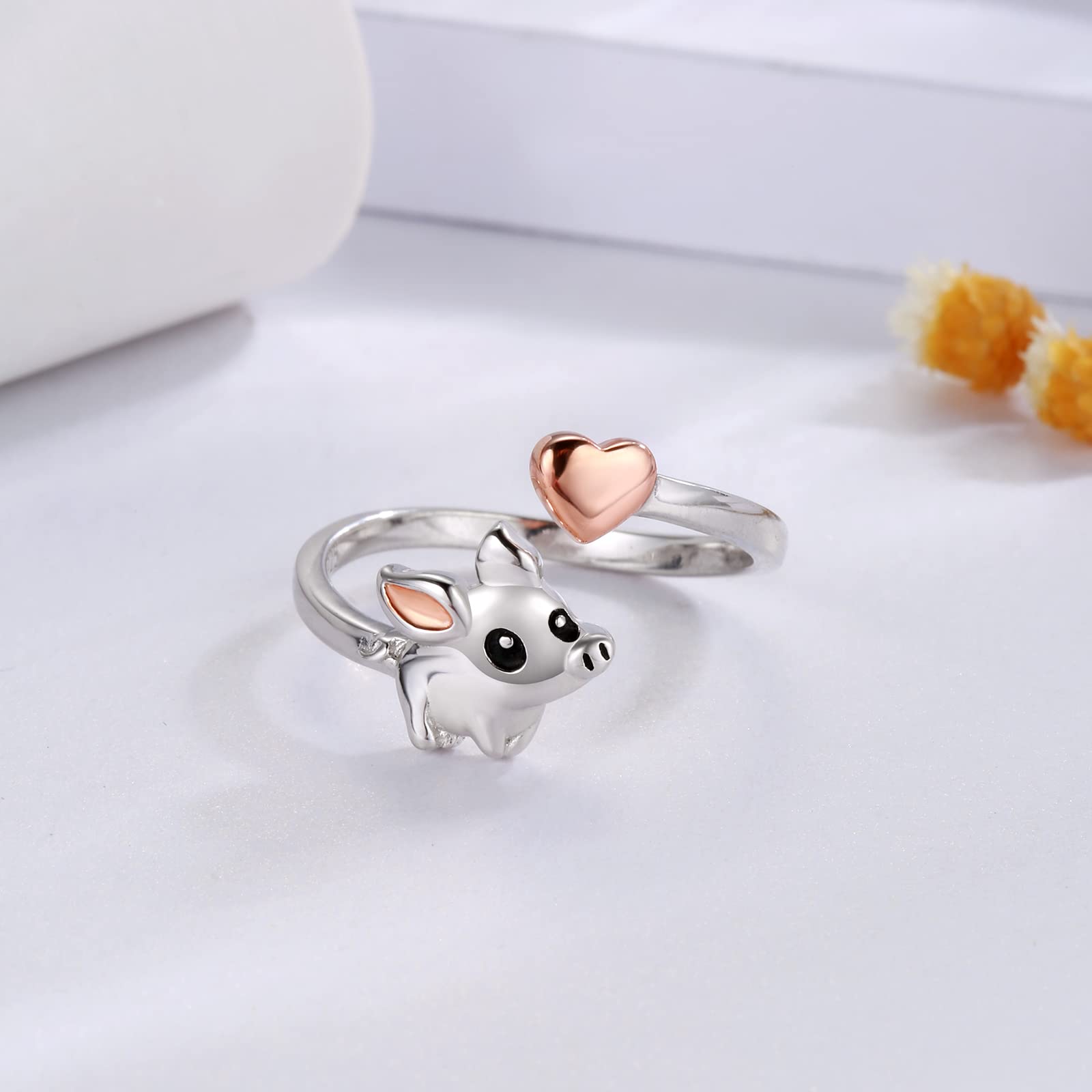 Mic Tai 925 Sterling Silver Pig Rings - Cute Heart Animal Adjustable Thumb Ring Jewelry Gift for Women