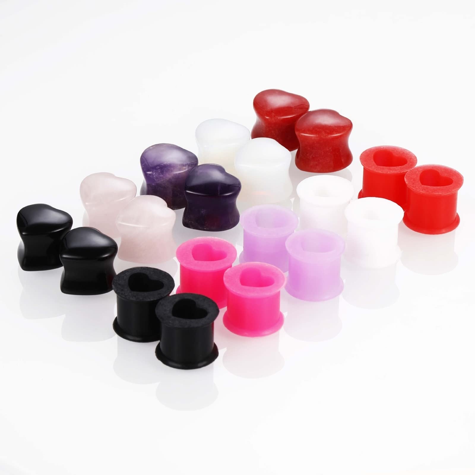 Hoisy 20PCS Tunnels for Ears Silicone, 00G Gauges for Women Silicone/Stone Ear Plugs Piercing Tunnels Gauges Colorful Heart Stone and Hoop 00G (10mm)