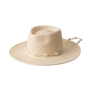 Seashells Beaded Beach Hats with Chain for Women Fashion Straw Woven Fedora Sun Summer Holidaty Panama Cap Beige, 1-2