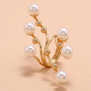 XUN Zhe Vintage Pearl Finger Rings,Statement Imitation Pearls Band Ring Wedding Party Jewelry for Women Gifts (Gold)