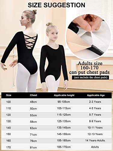 tanzdunsje Girls Dance Leotard Long Sleeve Black Ballet Leotard Crisscross Straps Back Dance Top Gymnastics for Girl Toddler Women (Black, 130)