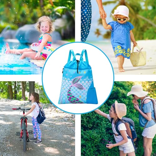 WAWSAM Mermaid Gym Drawstring Backpack - 15” × 17” Sports Gym Bag for Girls Kids Waterproof Swimming Beach Sackpack Birthday Christmas Gift with Zippered Pocket and Water Bottle Pocket