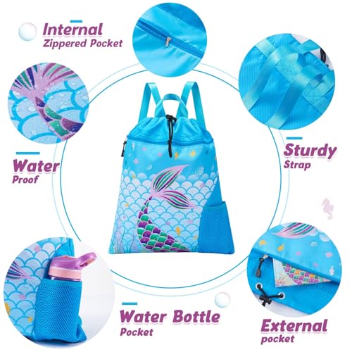 WAWSAM Mermaid Gym Drawstring Backpack - 15” × 17” Sports Gym Bag for Girls Kids Waterproof Swimming Beach Sackpack Birthday Christmas Gift with Zippered Pocket and Water Bottle Pocket