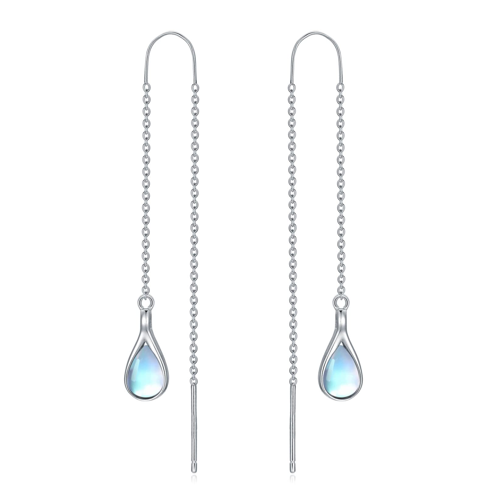 Moonstone Threader Earrings Long Chain Drop Earrings in 925 Sterling Silver