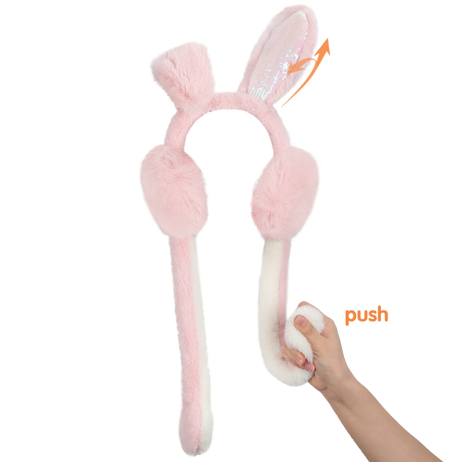 Surblue Foldable Cute Rabbit Moving Earmuffs Winter Warm Outdoor Ear Covers Headband Fur Earwarmer Pink