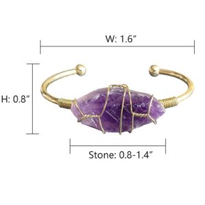 Amethyst Bangle Bracelet, Gold Plated Wire Wrap Natural Purple Crystal February Birthstone Bracelet Cuff for Women, Handmade Adjustable Irregular Raw Gemstone Large Wrists, 0.8’’~1.4’’