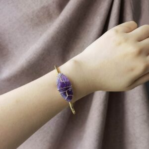 Amethyst Bangle Bracelet, Gold Plated Wire Wrap Natural Purple Crystal February Birthstone Bracelet Cuff for Women, Handmade Adjustable Irregular Raw Gemstone Large Wrists, 0.8’’~1.4’’