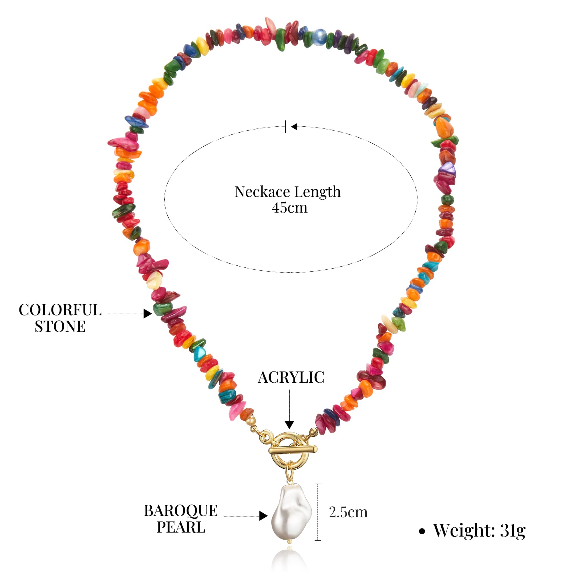 IDOKAWA Beaded Charm Necklace for Women Boho Multicolor Charm Necklace with Natural Stone Freshwater Baroque Pearl Pendant Summer Beach Necklace Y2K Necklace Jewelry Gifts for Women Girlfriend