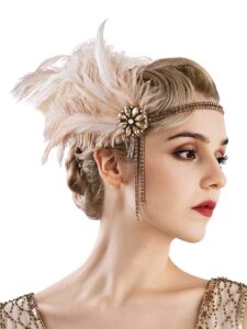 sweetv 1920s headpiece flapper headband, rhinestone pearl feather hair band great gatsby headpiece accessoreis for women,champagne