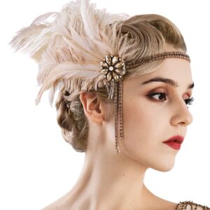 SWEETV 1920s Headpiece Flapper Headband, Rhinestone Pearl Feather Hair Band Great Gatsby Headpiece Accessoreis for Women,Champagne