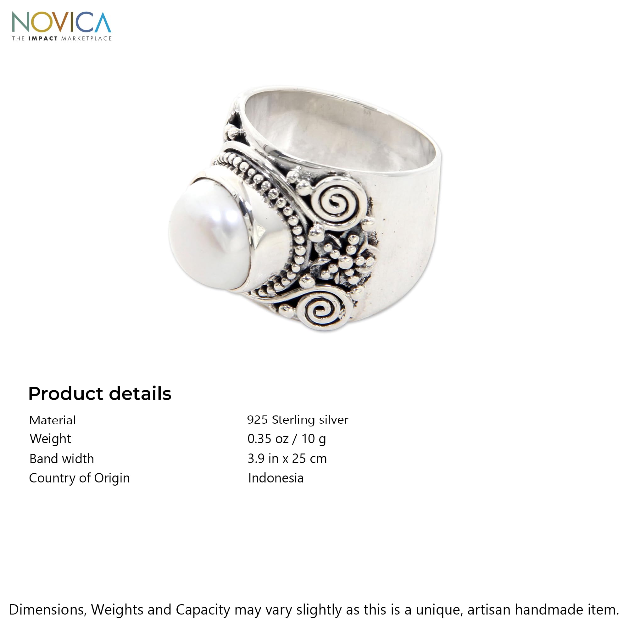 NOVICA Artisan Handmade Cultured Pearl Flower Ring Sterling Silver Cocktail White Indonesia Birthstone [crownbezel 0.5 in L x 0.5 in W x 0.3 in H Band Width 10 mm W] ' White Frangipani'