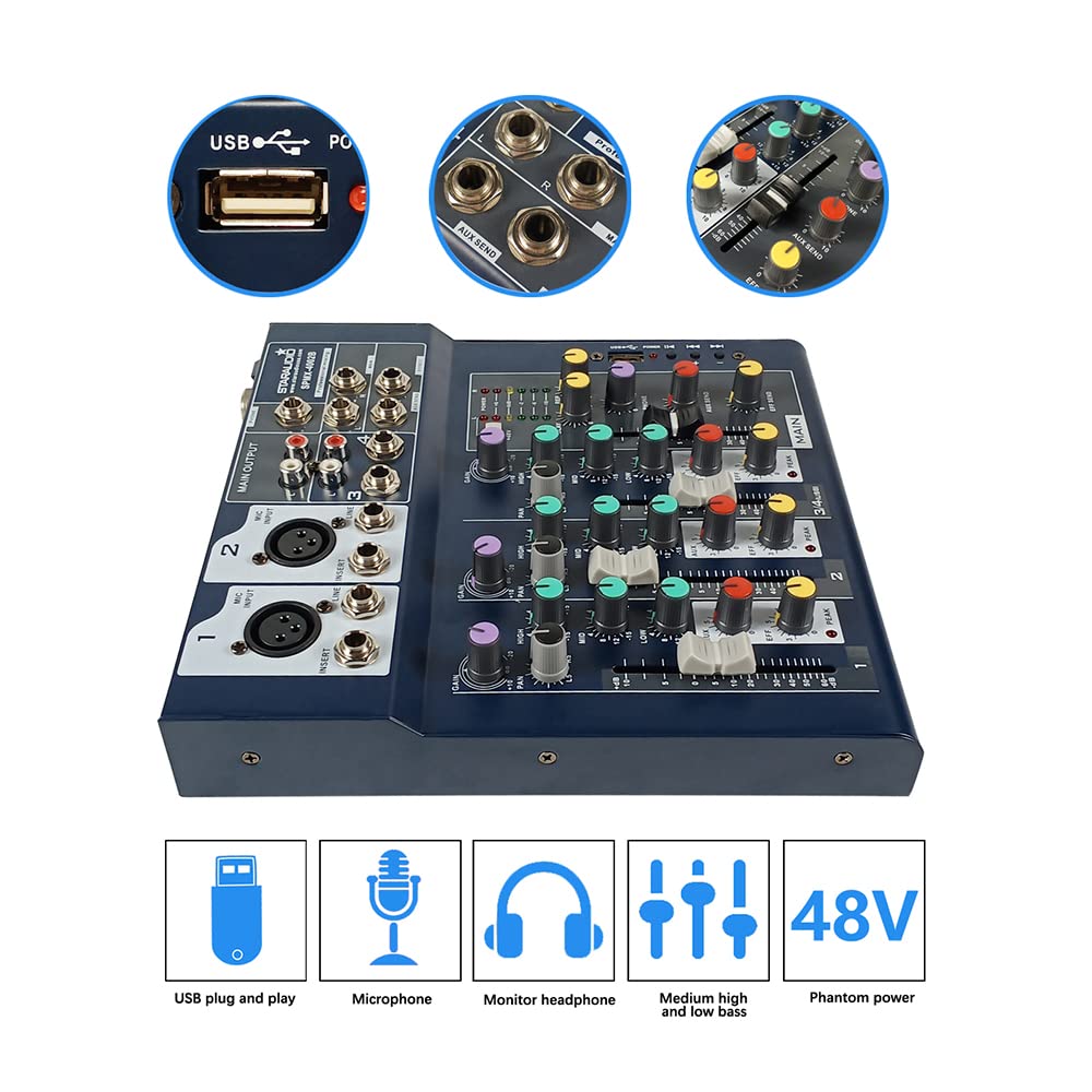 Professional Audio Mixer, STARAUDIO 4-Channel Mixing Console with USB Audio Interface, Stereo Equalizer, 16 DSP Effects, Ideal for Stage, Live Gigs, and Karaoke SPMX4002B