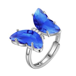 Blue Butterfly Heart Ring Adjustable Women 925 Sterling Silver Animal Butterflies September Created Sapphire Birthstone Sapphire Open Ring Crystal Wedding Birthday Jewelry DR0133S