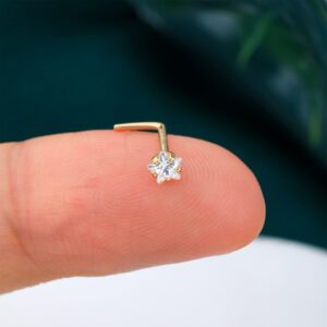 COCHARM 14k Solid Gold Star Nose Stud 20g Yellow Gold L Bend Nose Stud L Shape Star Nose Ring Stud Diamond Real Gold Nose Piercing For Women Men