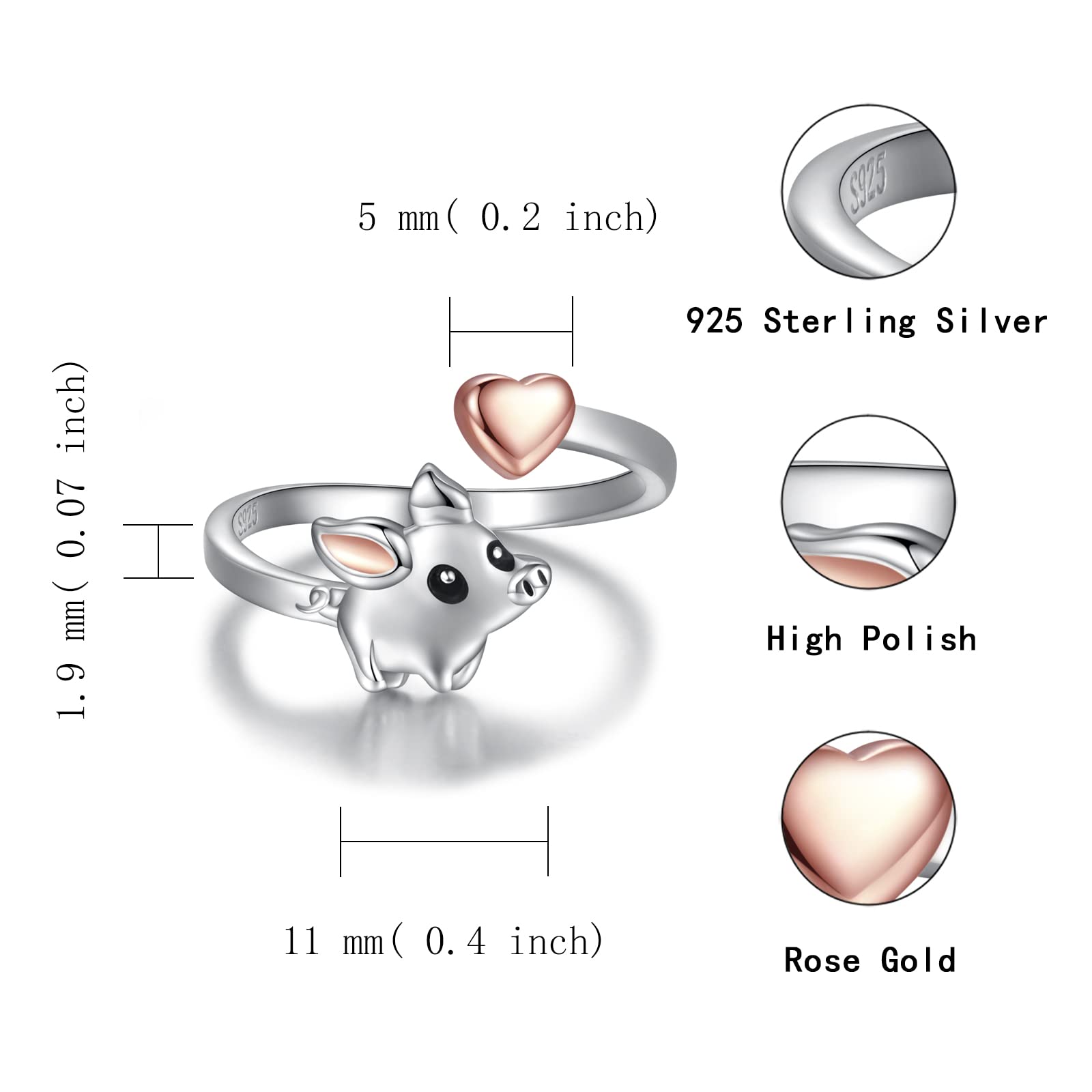 Mic Tai 925 Sterling Silver Pig Rings - Cute Heart Animal Adjustable Thumb Ring Jewelry Gift for Women