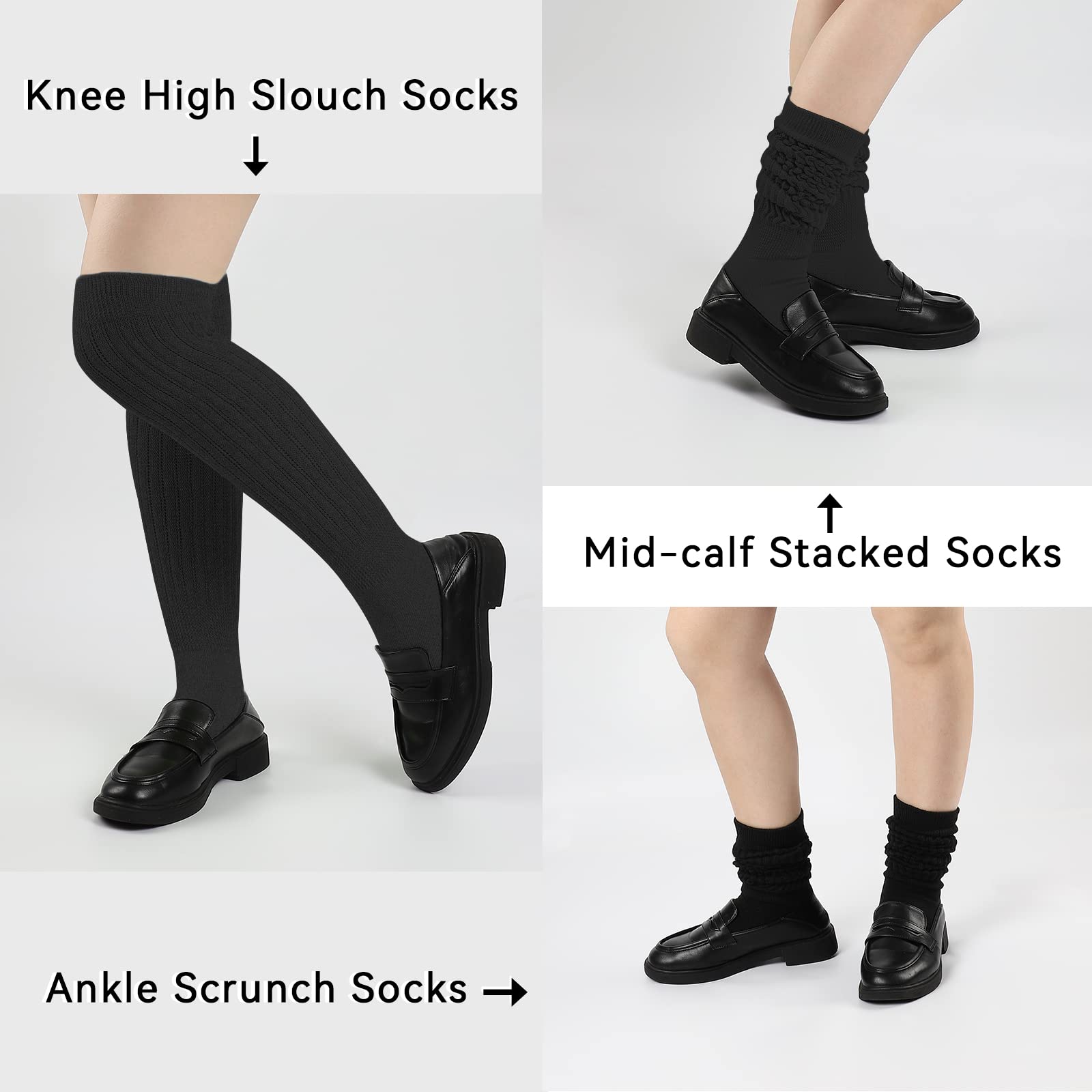 KEREDA Slouch Socks Women Knee High Scrunch Scrunchie Socks 3 Pairs Size 6-11 Black