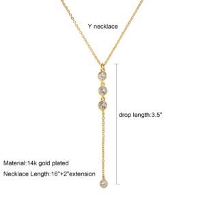 Tewiky Lariat Necklace , Simple Long Dainty Gold Necklace for Women Trendy 14k Gold Plated CZ Diamond Drop Cute Aesthetic Y Necklace Fashion Jewelry Gifts