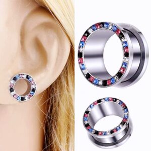 Rainbow CZ Stainless Steel Ear Tunnels and Plugs Personalized Crystal Screw Fit Double Flared Ear Gauges Expander Stretching Tunnels Earlobe Plugs Body Piercing Jewelry for Men Women Boys Teen Girls (00g(10mm))