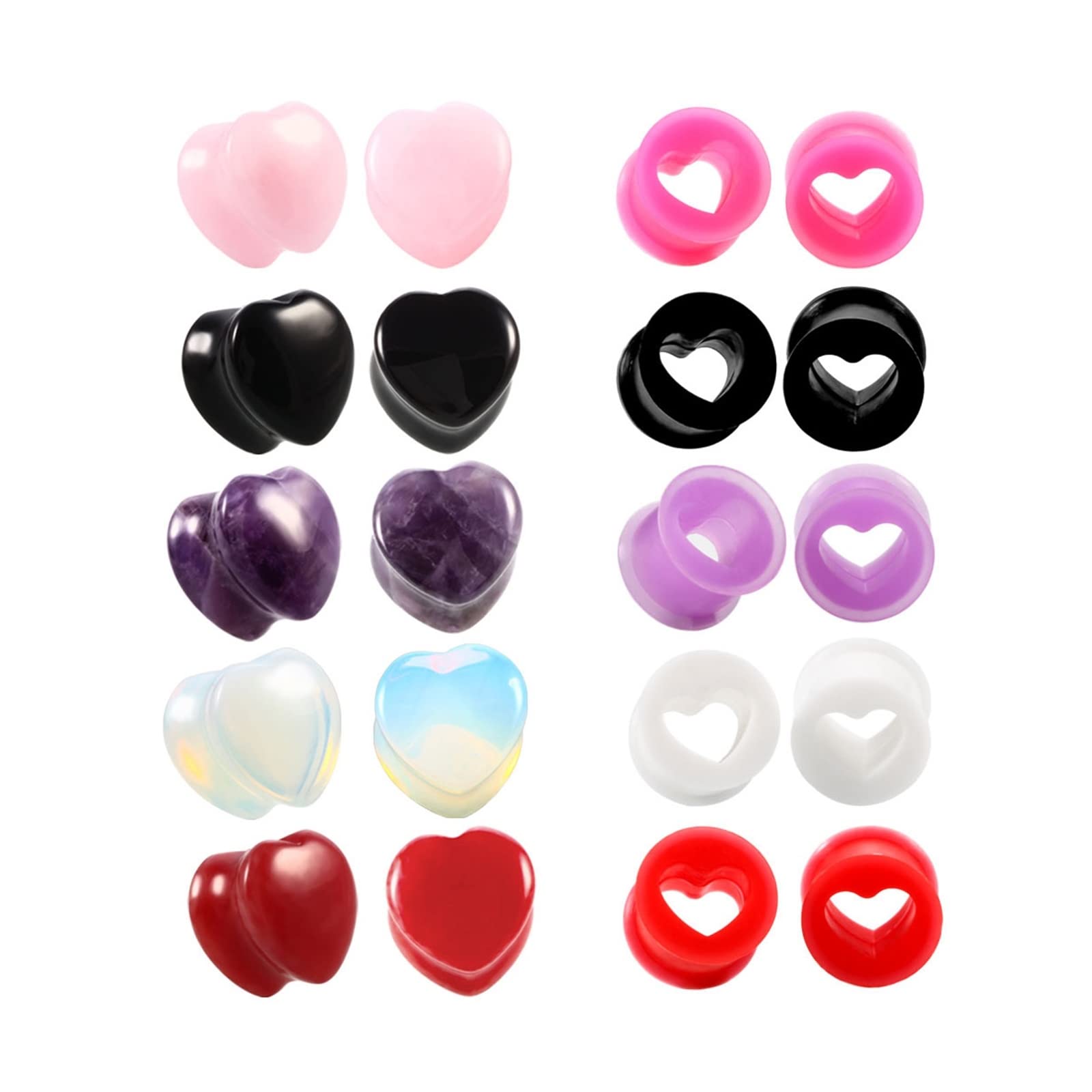 Hoisy 20PCS Tunnels for Ears Silicone, 00G Gauges for Women Silicone/Stone Ear Plugs Piercing Tunnels Gauges Colorful Heart Stone and Hoop 00G (10mm)