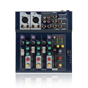 professional audio mixer, staraudio 4-channel mixing console with usb audio interface, stereo equalizer, 16 dsp effects, ideal for stage, live gigs, and karaoke spmx4002b