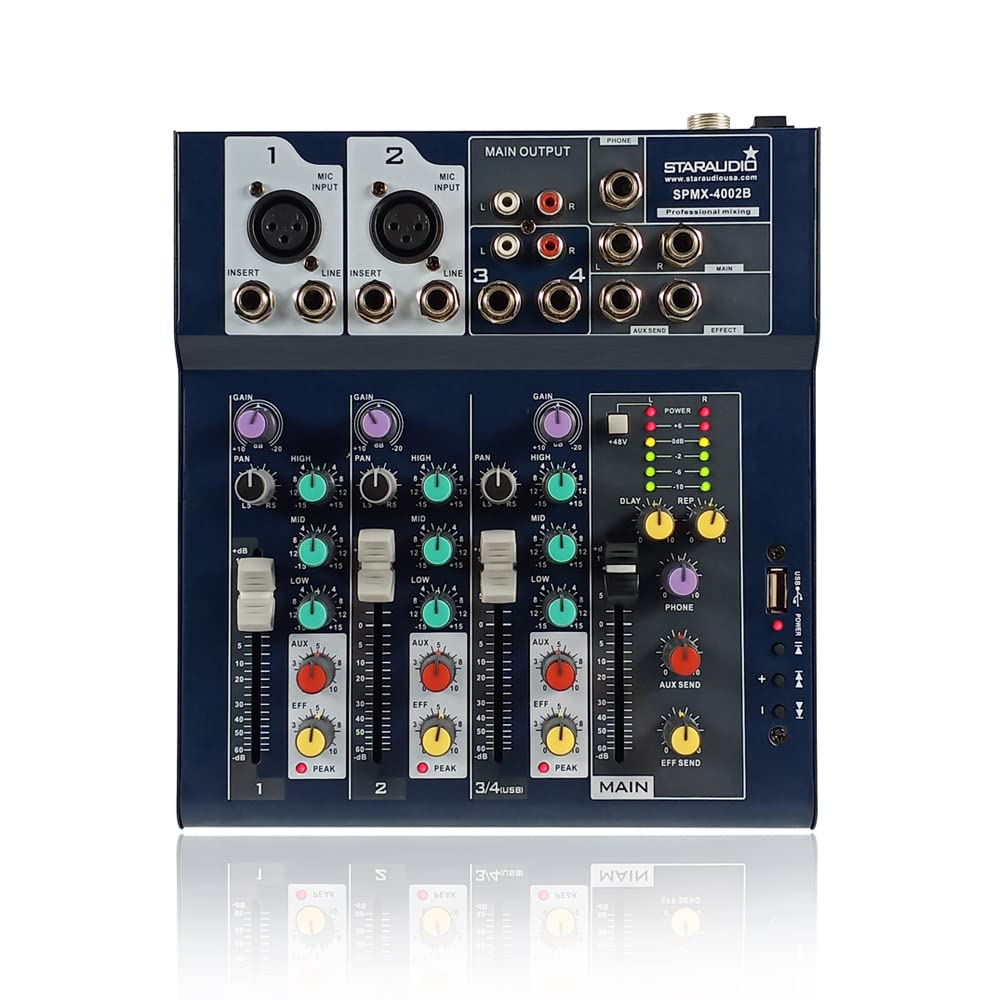 Professional Audio Mixer, STARAUDIO 4-Channel Mixing Console with USB Audio Interface, Stereo Equalizer, 16 DSP Effects, Ideal for Stage, Live Gigs, and Karaoke SPMX4002B