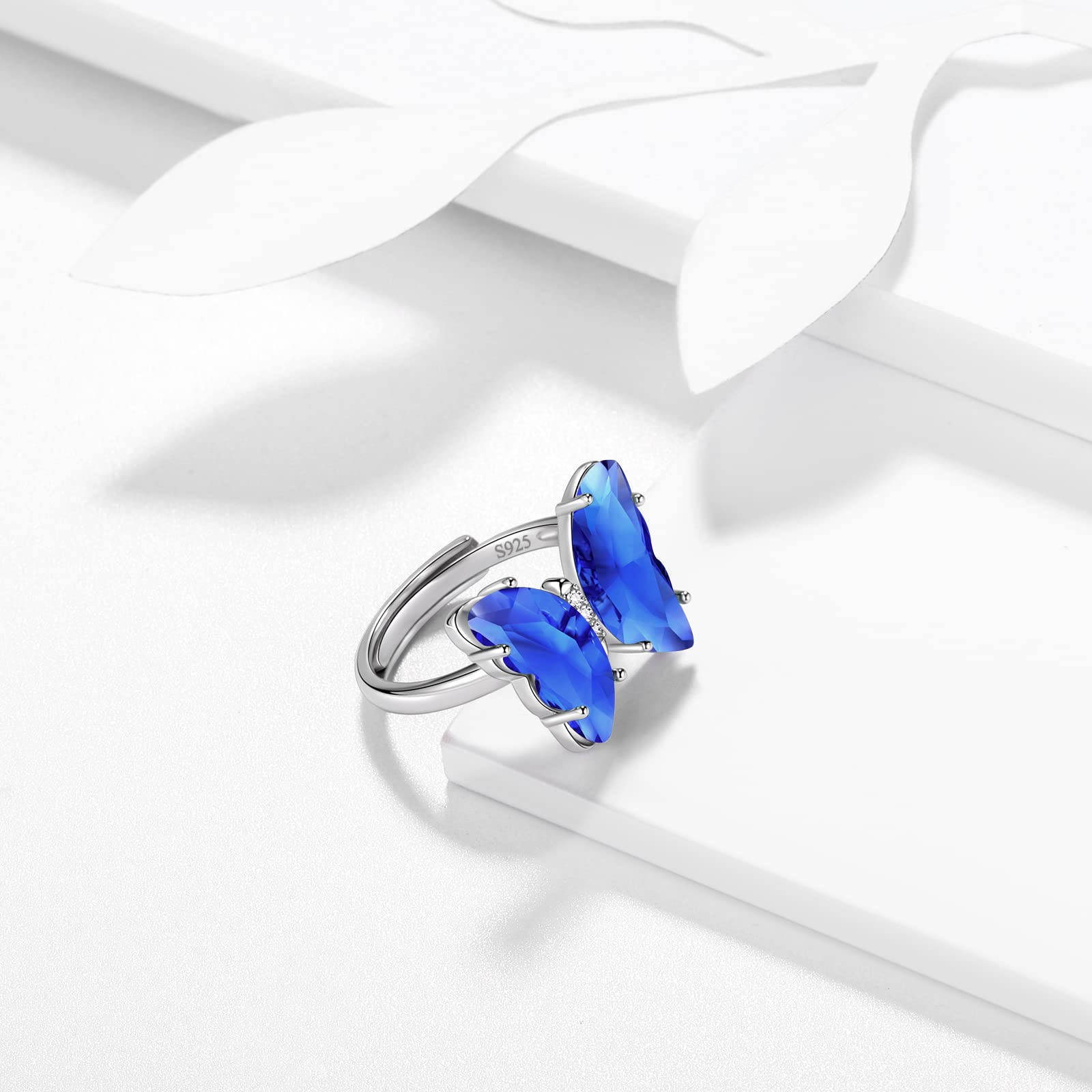 Blue Butterfly Heart Ring Adjustable Women 925 Sterling Silver Animal Butterflies September Created Sapphire Birthstone Sapphire Open Ring Crystal Wedding Birthday Jewelry DR0133S