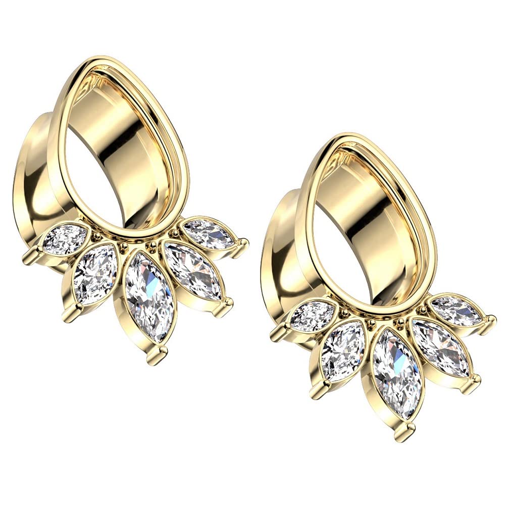 Pierced Owl 316L Stainless Steel 5 Marquise CZ Crystal Fan Tear Drop Shaped Double Flared Tunnel Plugs, Sold as a Pair (10mm (00GA))