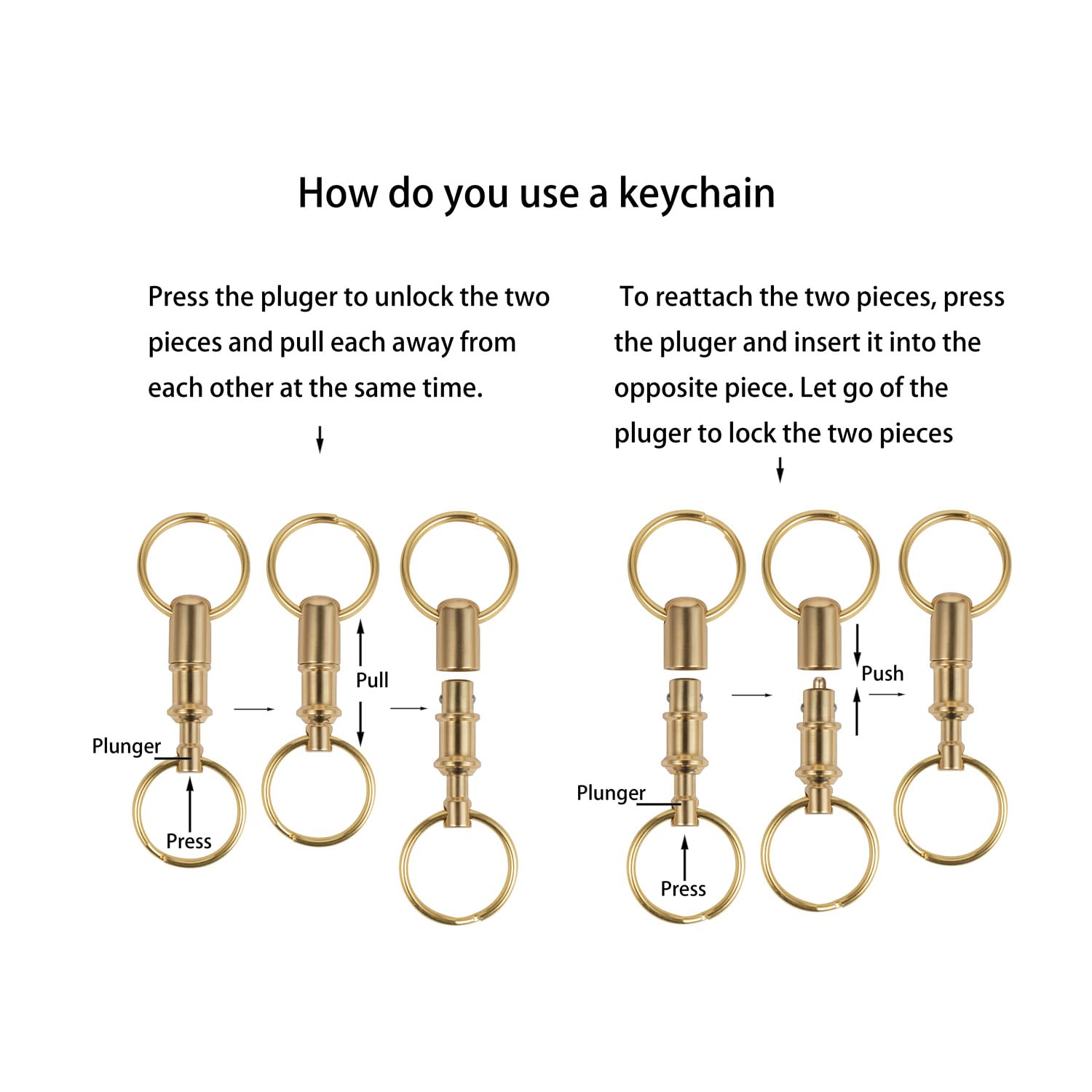 Dilidou 3 Pack Quick Release Keychain, Detachable Pull Apart Keychain, Double Spring Split Snap Separate Chain Convenience Accessory, Brass, Gold