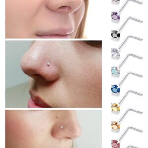 Lsnevsie Nose Rings Studs for Women 20G 316L Surgical Stainless Steel L Shaped Curved l Silver Opal Hypoallergenic Nose Stud Ring Body Piercing Jewelry for Men Diamond CZ 3mm