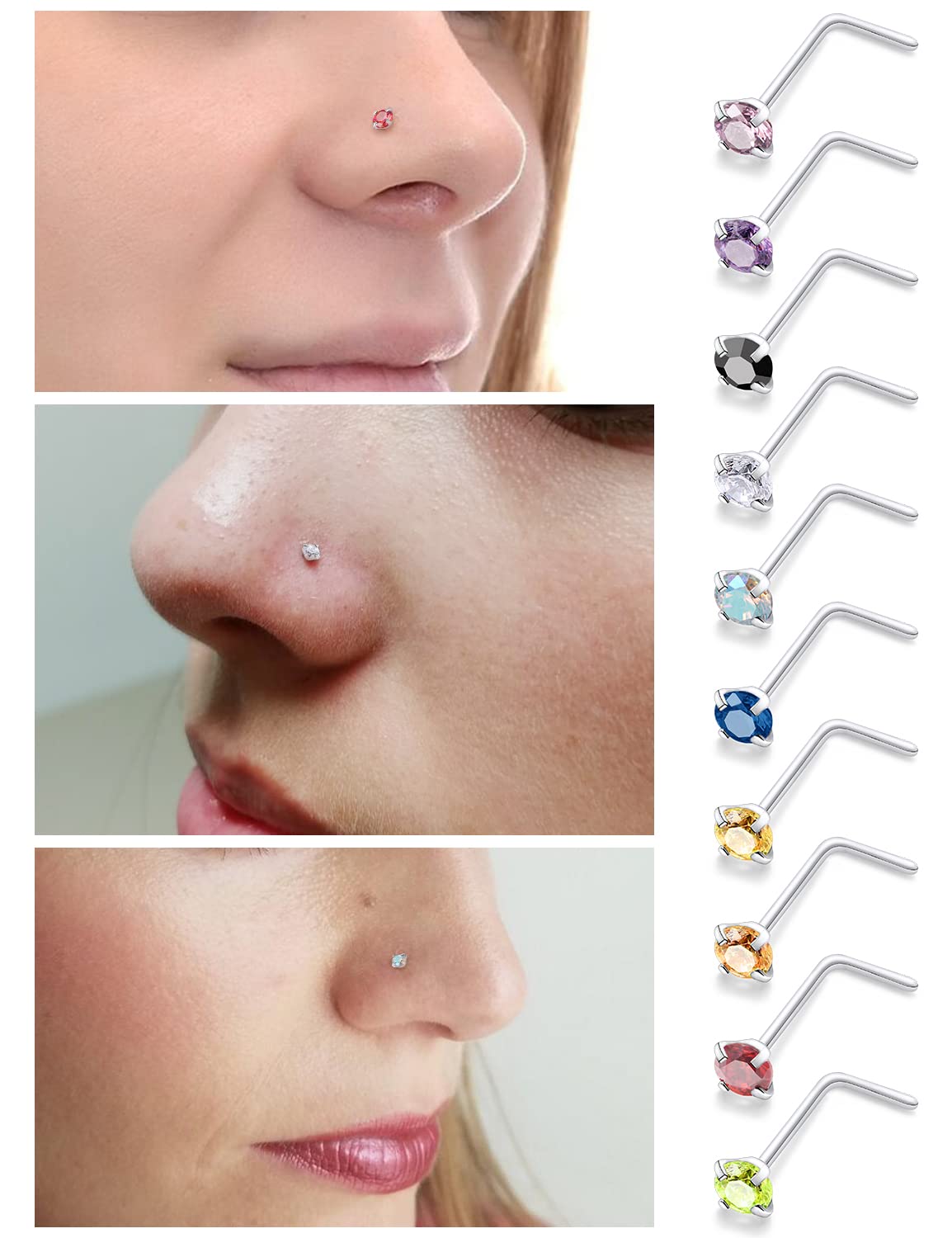 Lsnevsie Nose Rings Studs for Women 20G 316L Surgical Stainless Steel L Shaped Curved l Silver Opal Hypoallergenic Nose Stud Ring Body Piercing Jewelry for Men Diamond CZ 3mm