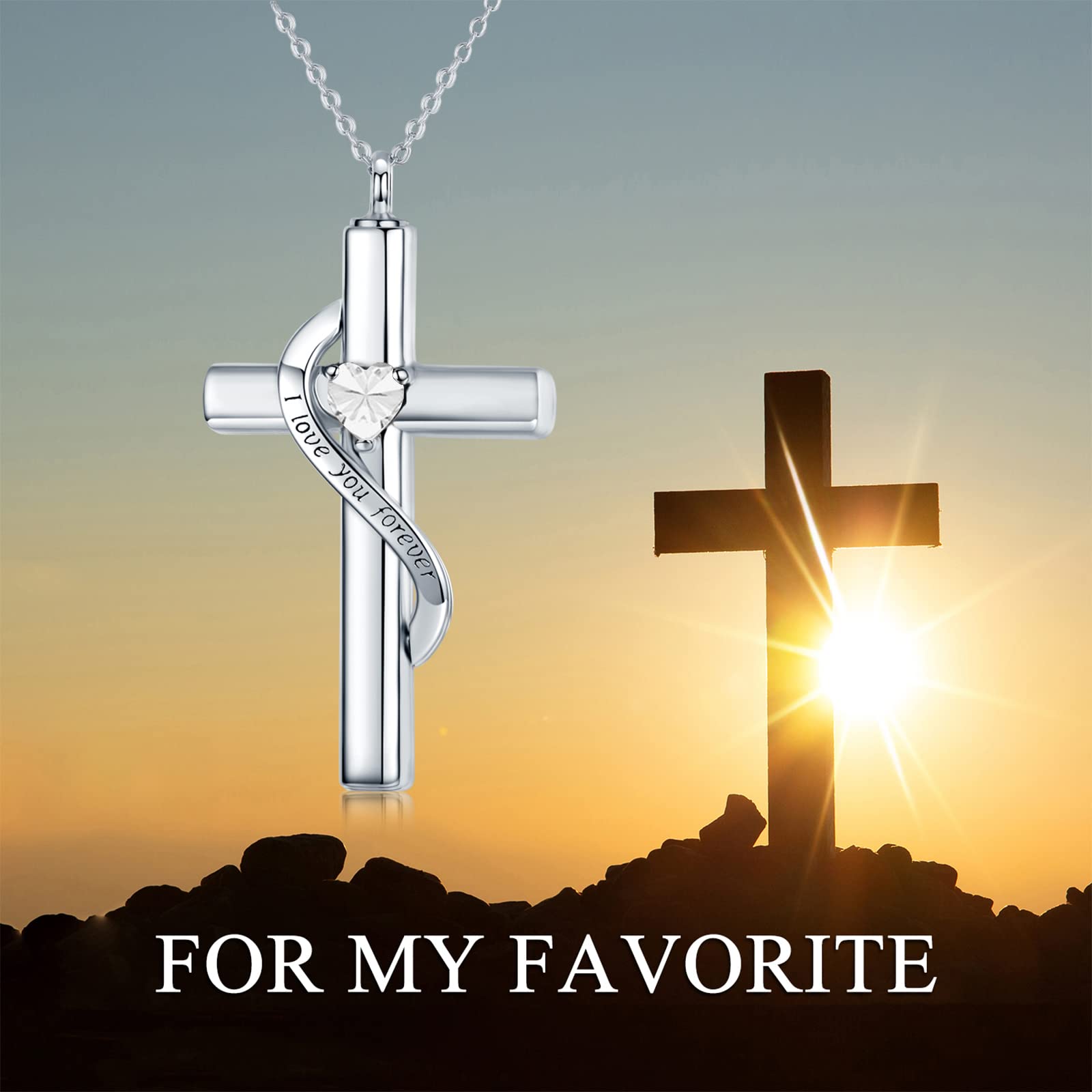 SOULMEET Crystal Cross Necklace for Ashes, Sterling Silver I Love You Forever Birthstone April Cross Urn Necklaces for Ashes Keepsake Cremation Jewelry for Pet Human Ashes