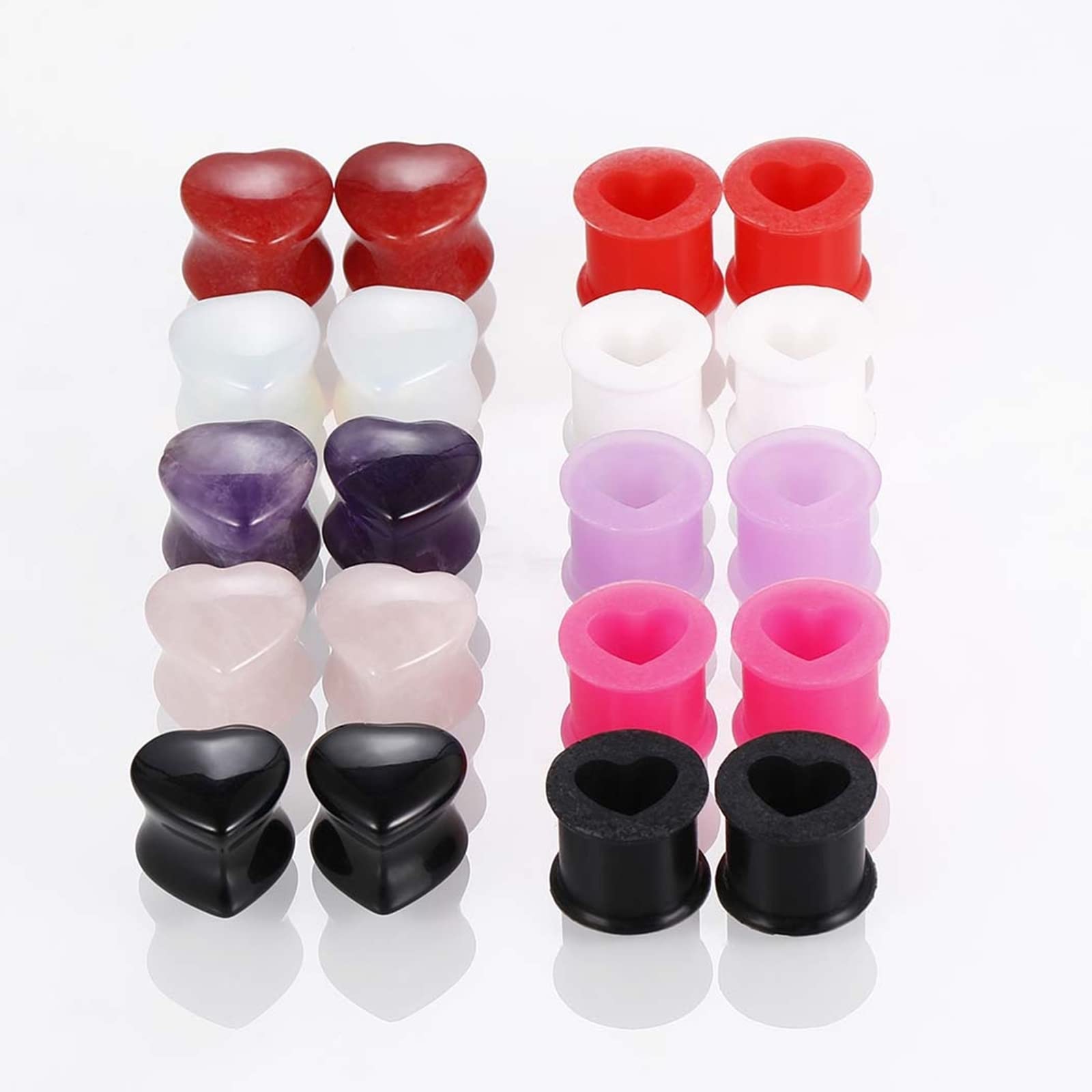 Hoisy 20PCS Tunnels for Ears Silicone, 00G Gauges for Women Silicone/Stone Ear Plugs Piercing Tunnels Gauges Colorful Heart Stone and Hoop 00G (10mm)