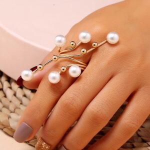 XUN Zhe Vintage Pearl Finger Rings,Statement Imitation Pearls Band Ring Wedding Party Jewelry for Women Gifts (Gold)