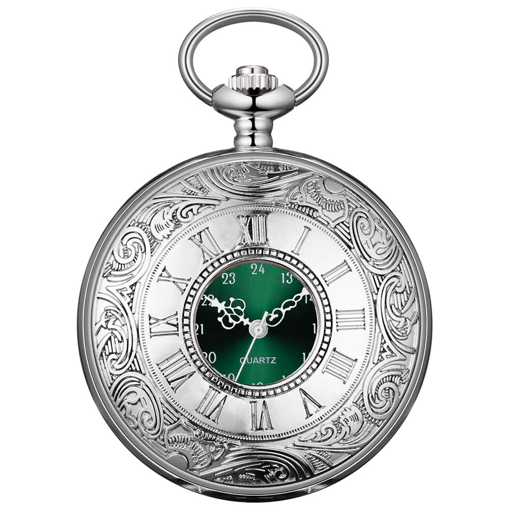 BOSHIYA Quartz Pocket Watch with Chain Mens Vintage Steampunk Pocket Watch/Roman Numerals/Hollowed Out Watch Cover/Gift Box