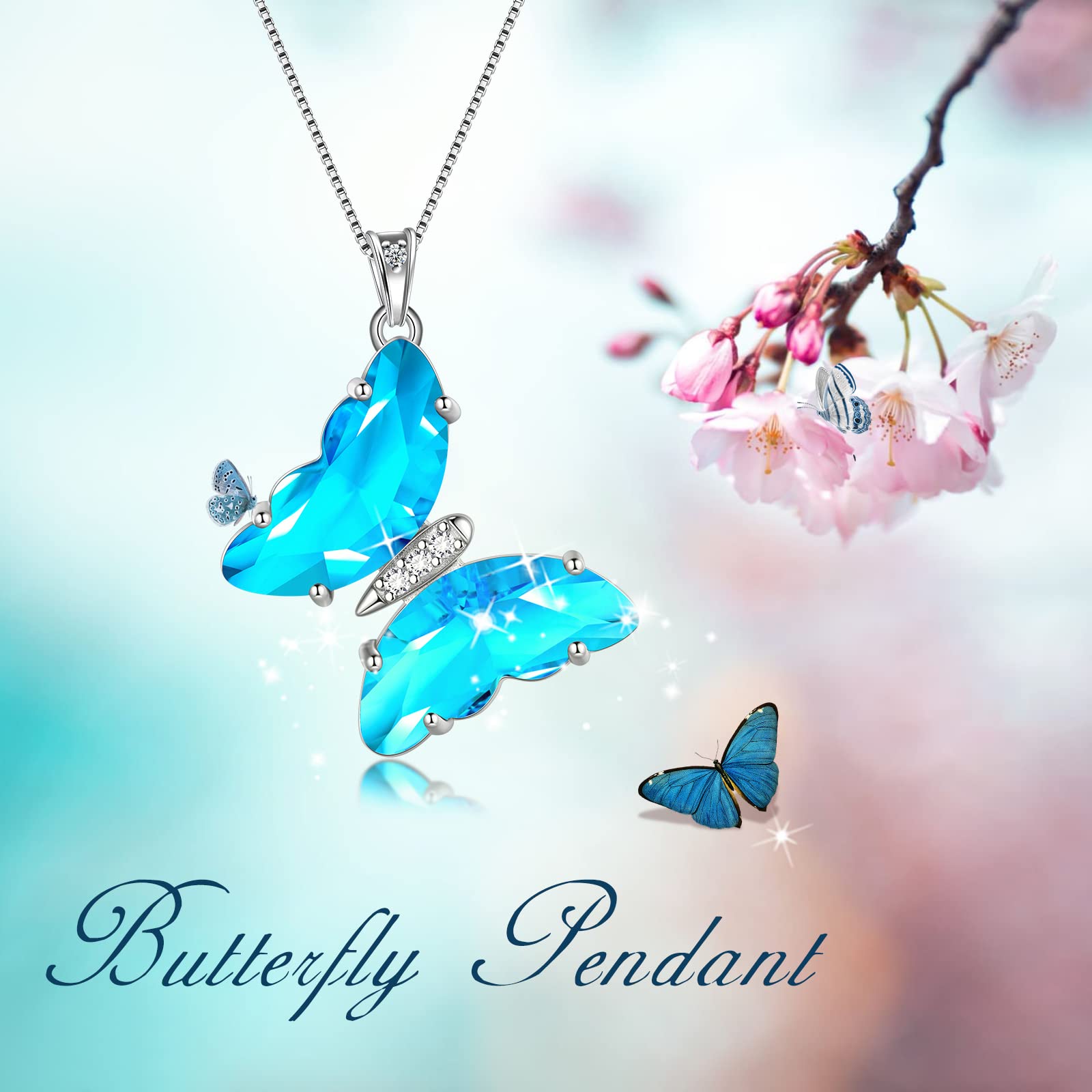 Blue Butterfly Heart Necklace Women 925 Sterling Silver Animal Butterflies March Created Aquamarine Birthstone Aquamarine Pendant Crystal Wedding Birthday Jewelry DP0311M