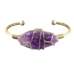 amethyst bangle bracelet, gold plated wire wrap natural purple crystal february birthstone bracelet cuff for women, handmade adjustable irregular raw gemstone large wrists, 0.8’’~1.4’’