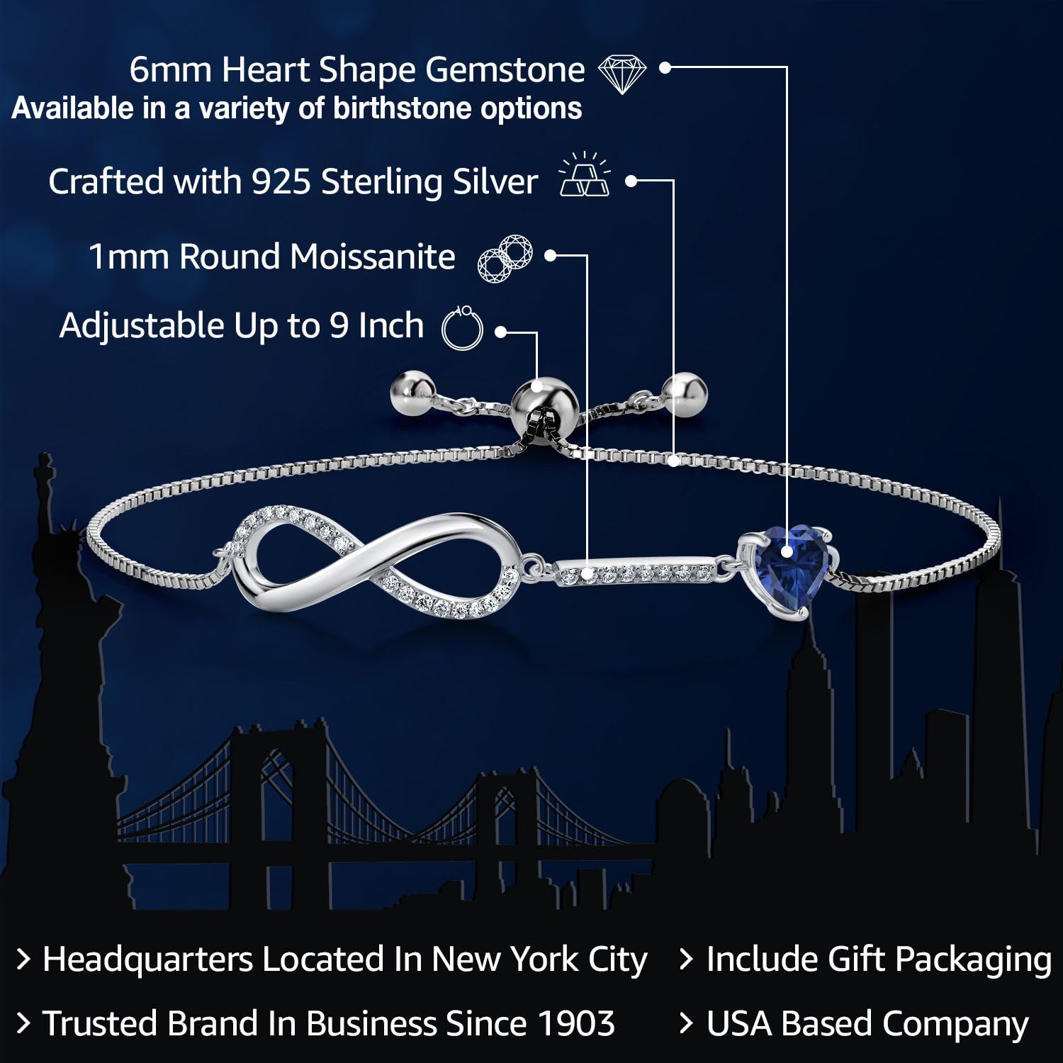 Gem Stone King 925 Sterling Silver Heart Shape 6MM Gemstone Birthstone and White Moissanite Infinity Tennis Bracelet For Women Fully Adjustable Up to 9 Inch