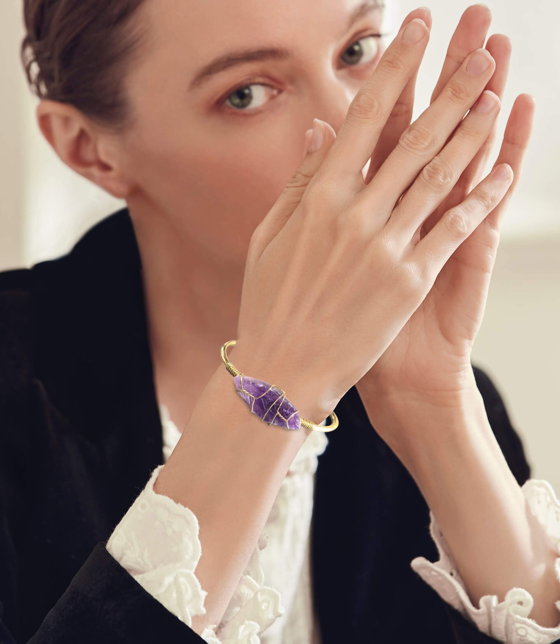 Amethyst Bangle Bracelet, Gold Plated Wire Wrap Natural Purple Crystal February Birthstone Bracelet Cuff for Women, Handmade Adjustable Irregular Raw Gemstone Large Wrists, 0.8’’~1.4’’